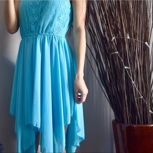 Blue Lace Sleeveless High Low Maxi Dress
